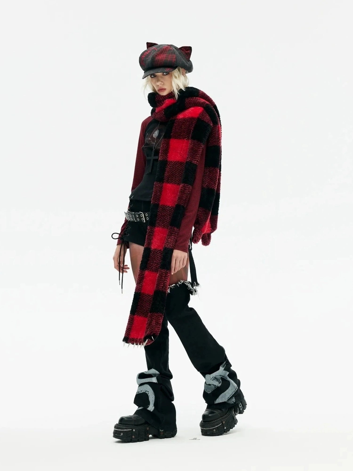 Emoha Punk Y2k Plaid Newsboy Cap With Cat Ears