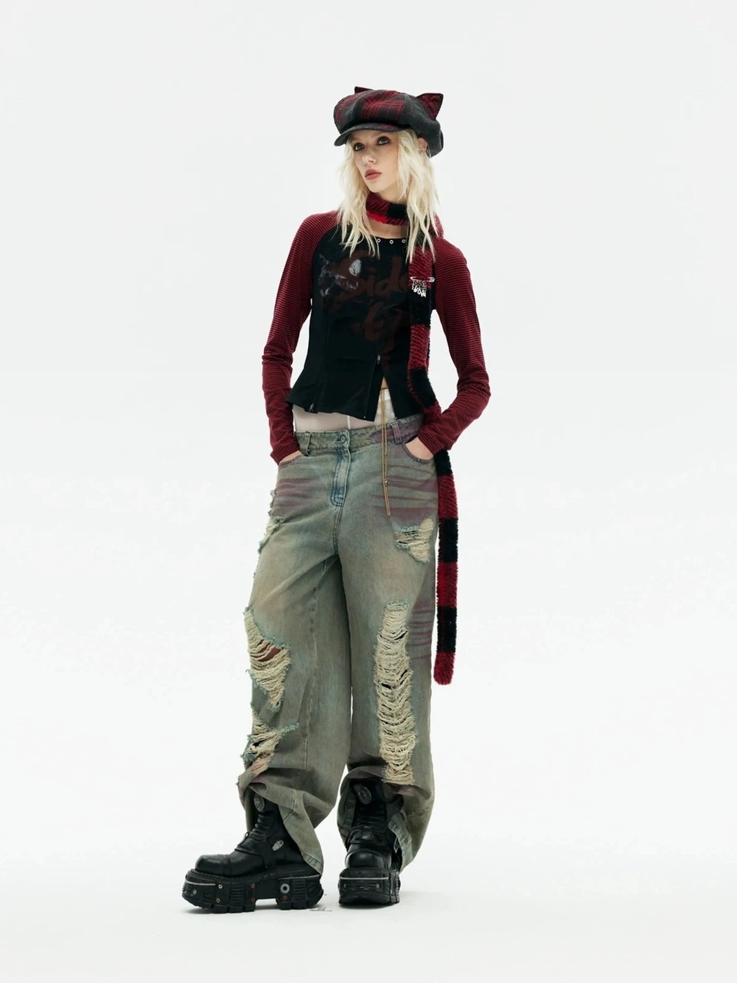 Emoha Punk Y2k Plaid Newsboy Cap With Cat Ears