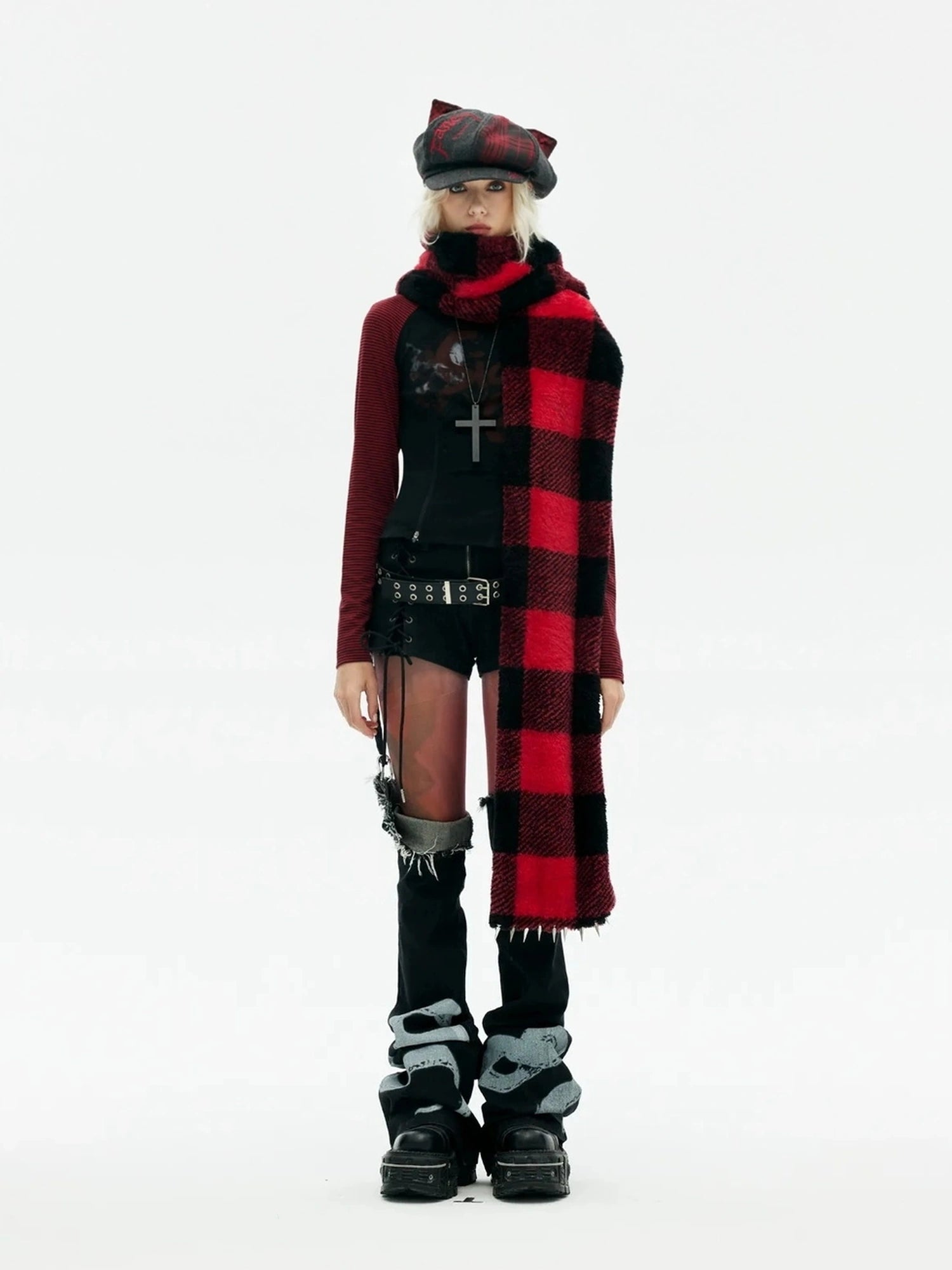 Emoha Punk Y2k Plaid Newsboy Cap With Cat Ears