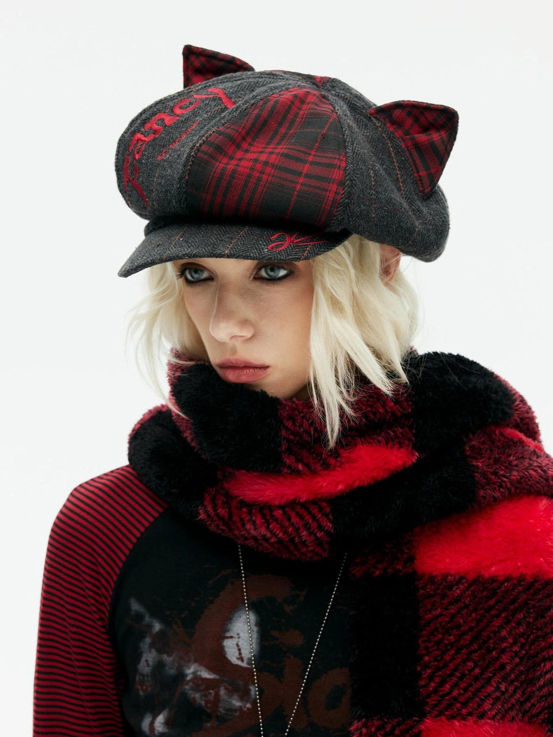 Emoha Punk Y2k Plaid Newsboy Cap With Cat Ears