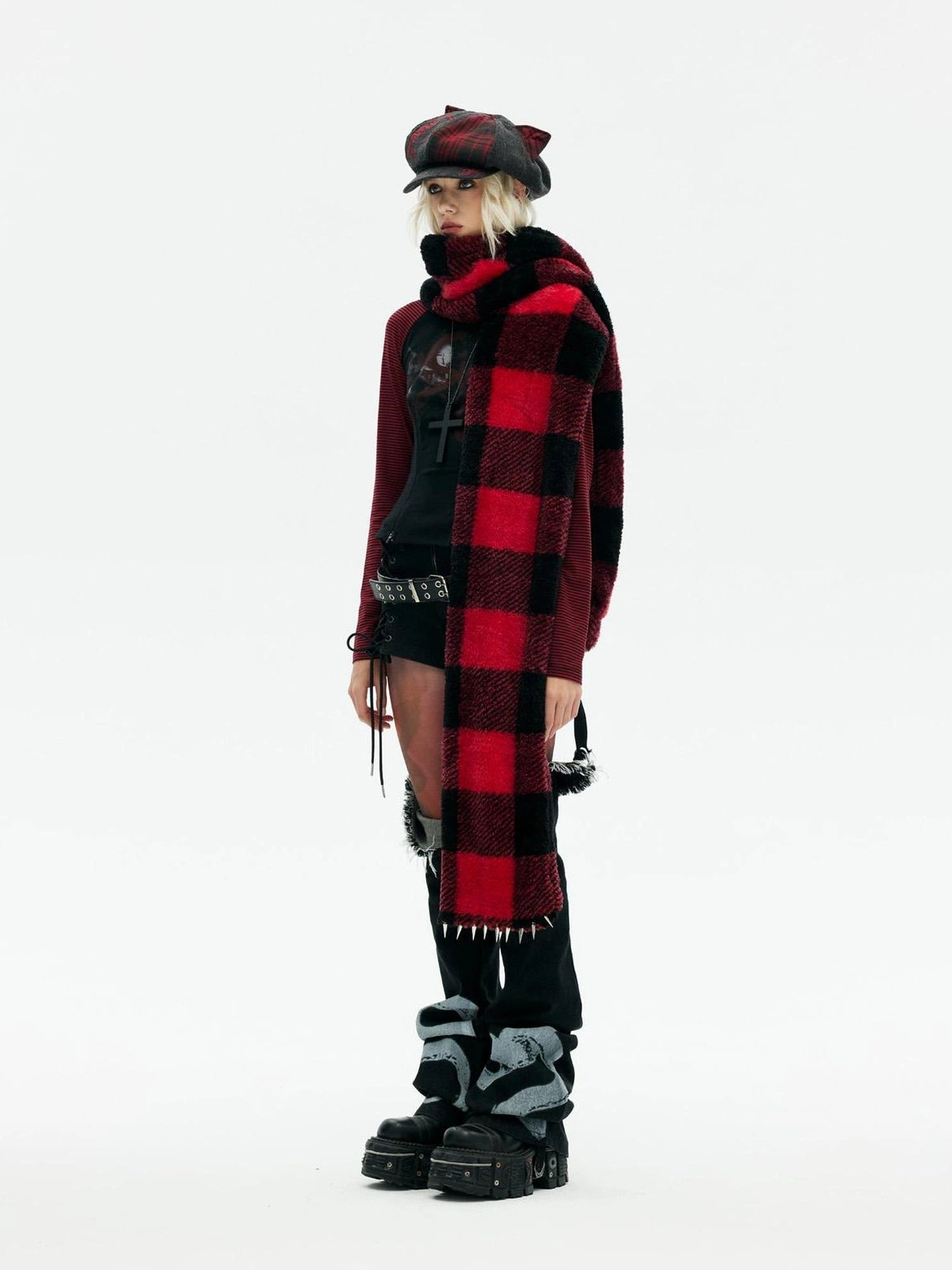 Emoha Punk Y2k Plaid Newsboy Cap With Cat Ears