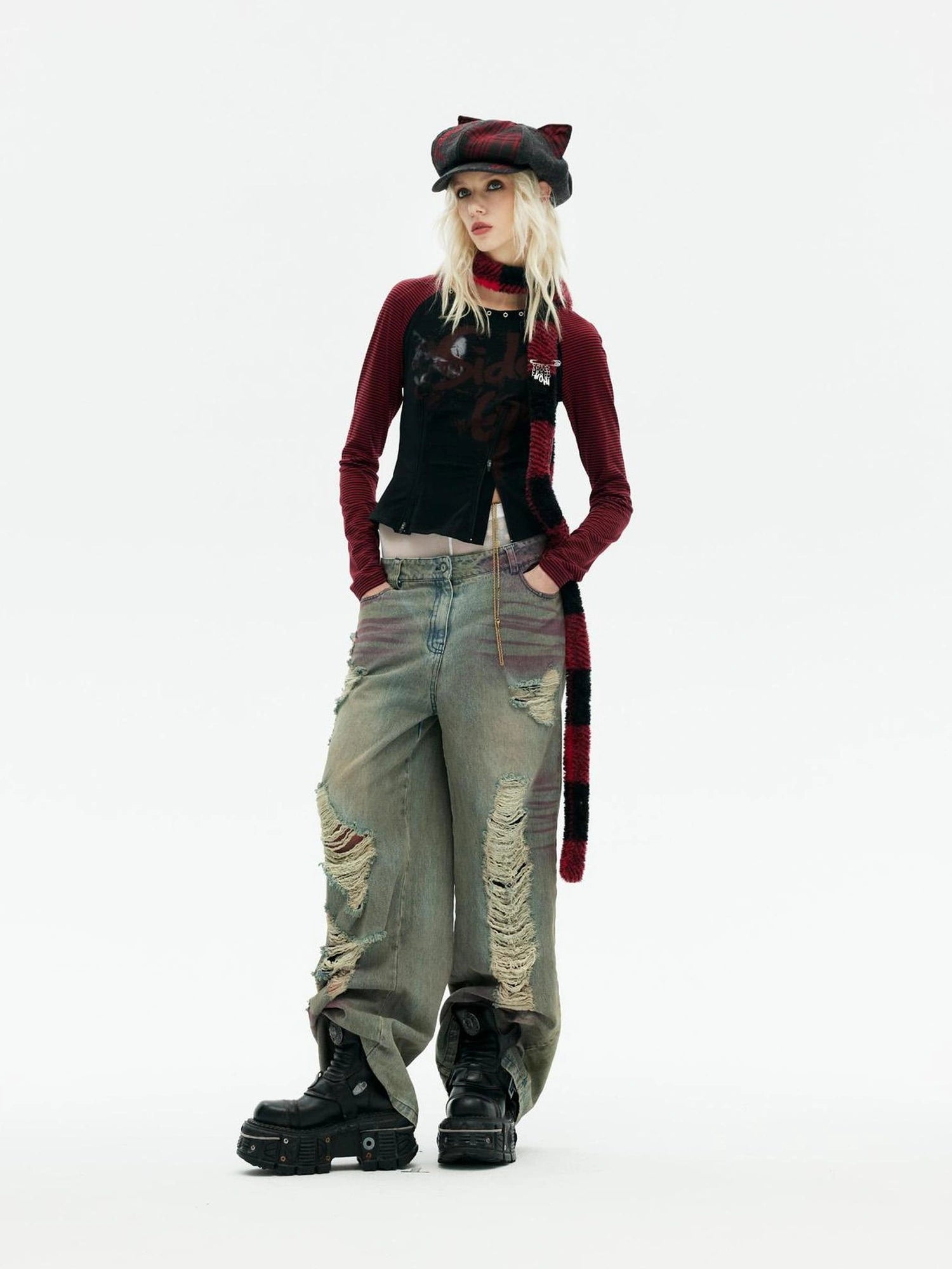 Emoha Punk Y2k Plaid Newsboy Cap With Cat Ears
