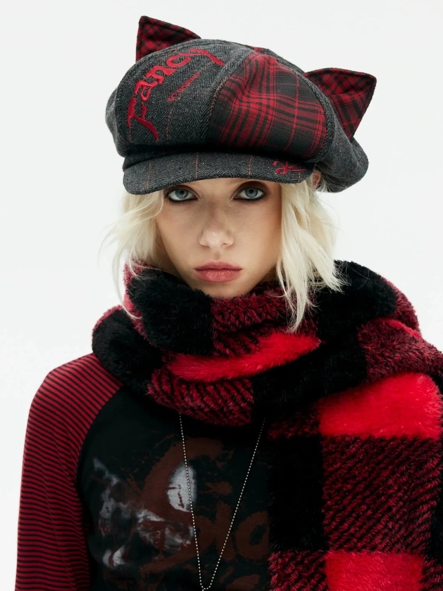 Emoha Punk Y2k Plaid Newsboy Cap With Cat Ears