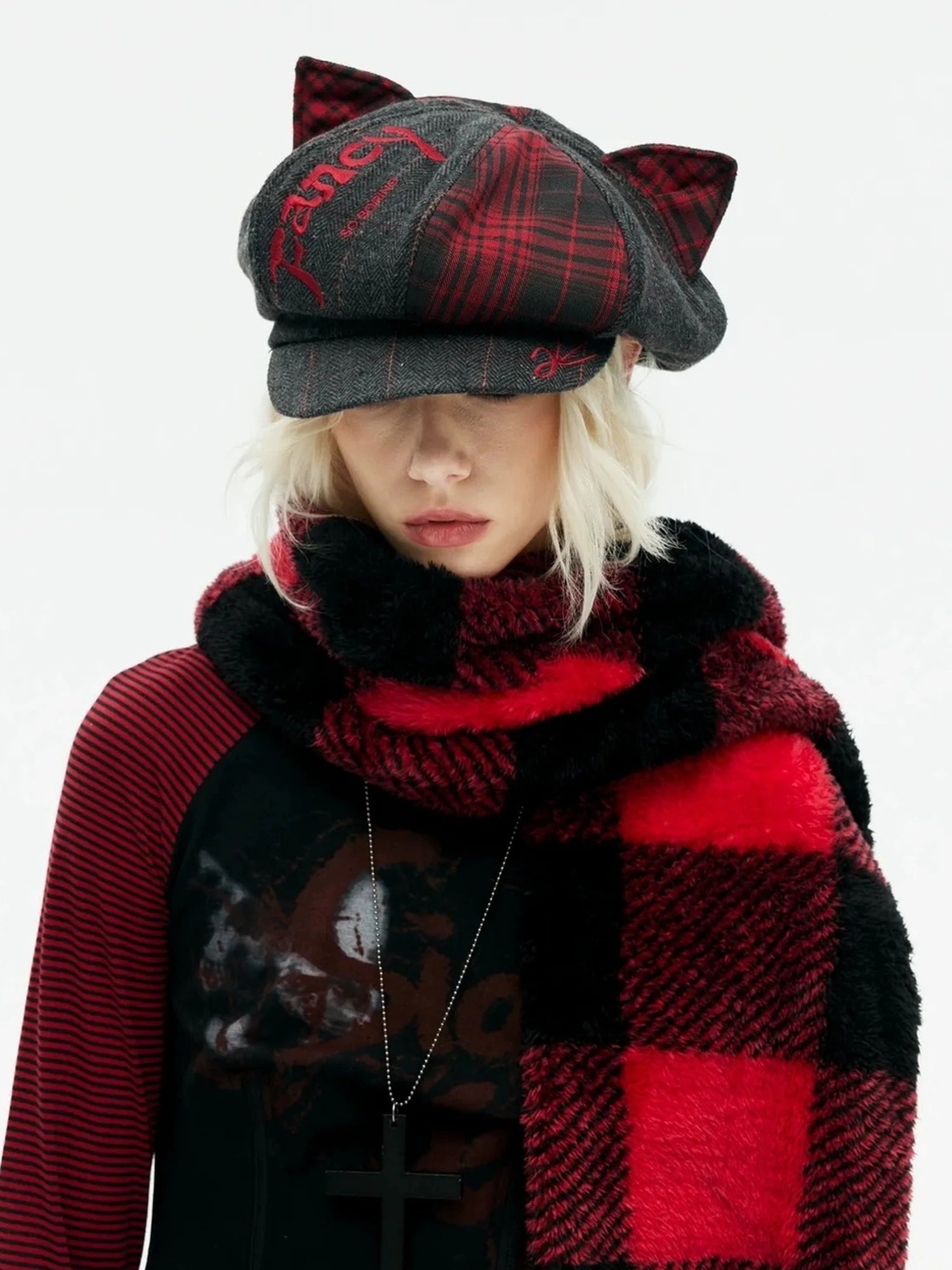 Emoha Punk Y2k Plaid Newsboy Cap With Cat Ears