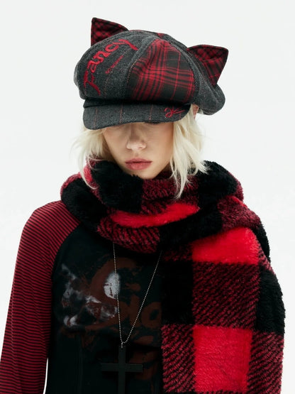 Emoha Punk Y2k Plaid Newsboy Cap With Cat Ears