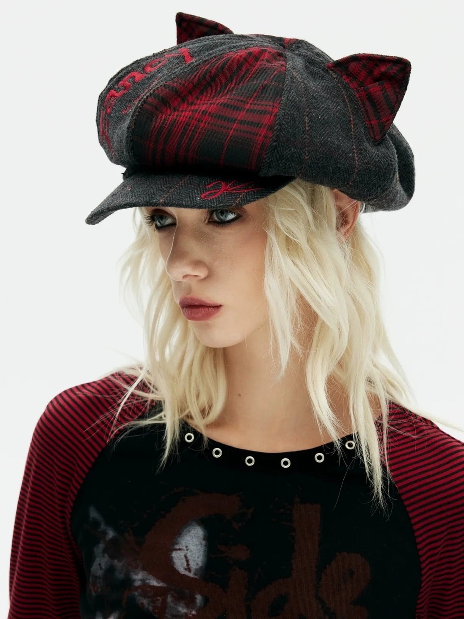 Emoha Punk Y2k Plaid Newsboy Cap With Cat Ears