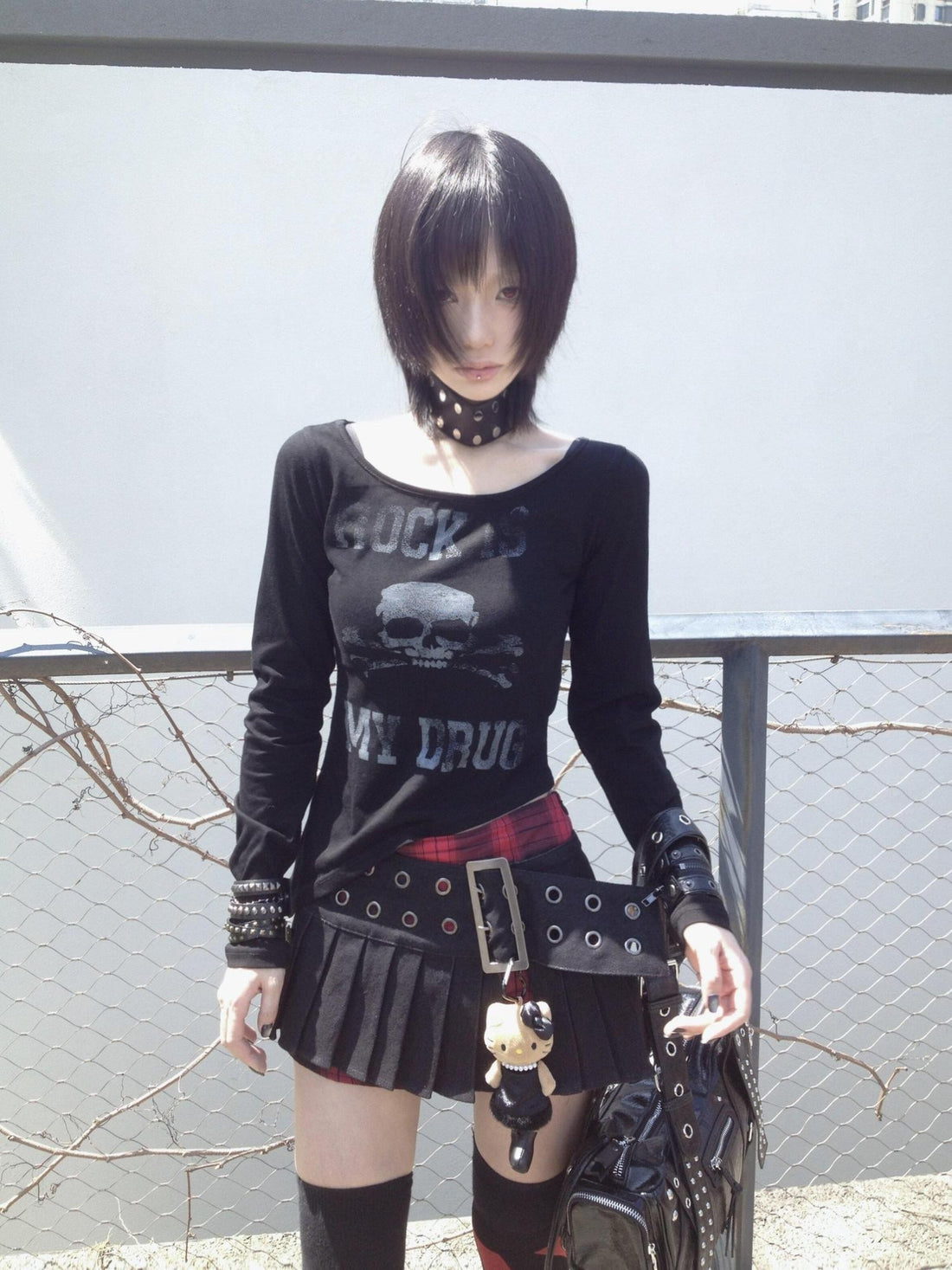 Emoha Red Black Plaid Punk Layered Metal Buckle Low Rise Women&