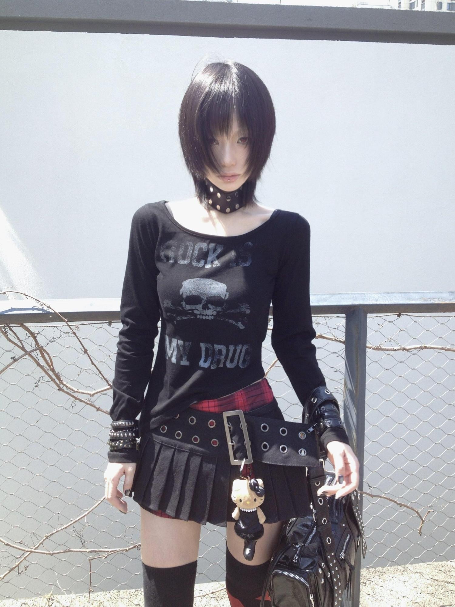 Emoha Red Black Plaid Punk Layered Metal Buckle Low Rise Women&