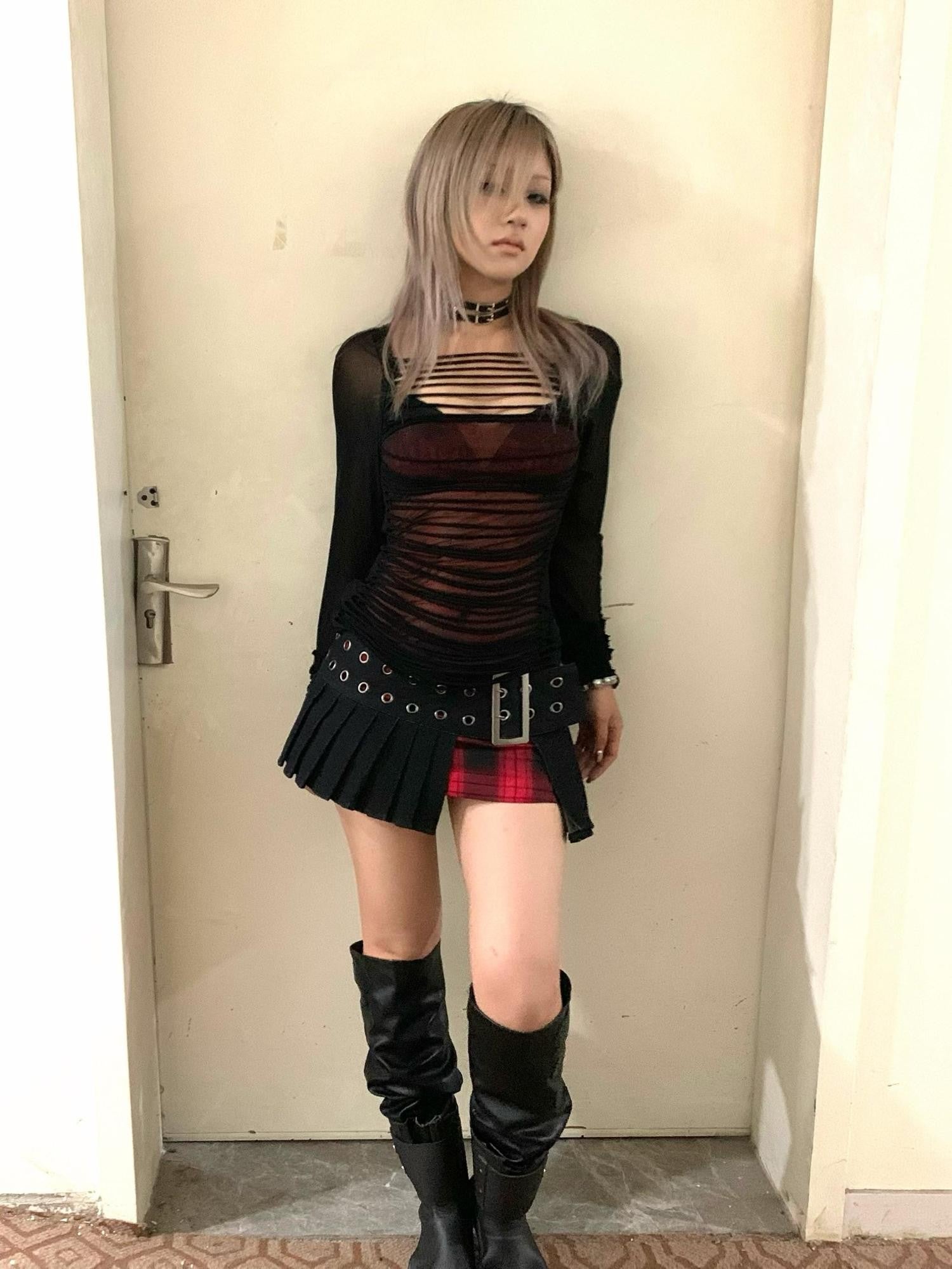 Emoha Red Black Plaid Punk Layered Metal Buckle Low Rise Women&