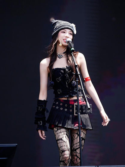Emoha Red Black Plaid Punk Layered Metal Buckle Low Rise Women&