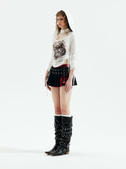 Emoha Red Black Plaid Punk Layered Metal Buckle Low Rise Women&