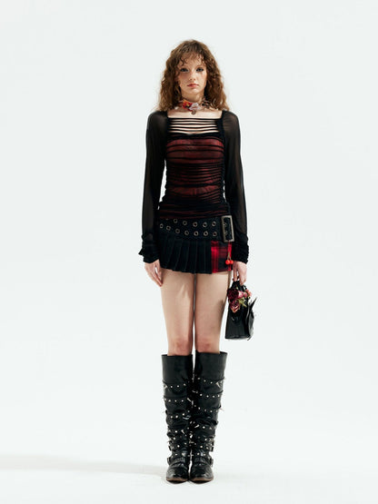 Emoha Red Black Plaid Punk Layered Metal Buckle Low Rise Women&