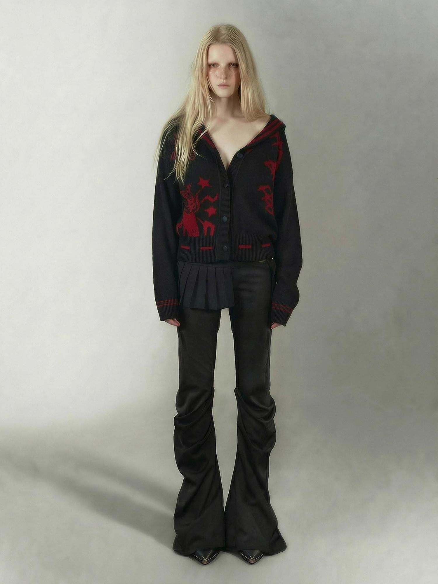 Emoha Red Black Punk Sailor Animal Character Knit Women&