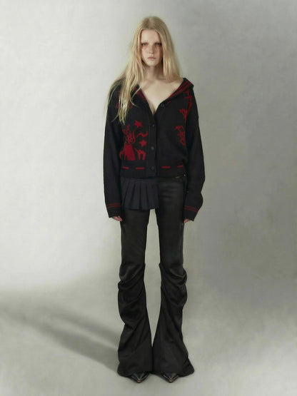Emoha Red Black Punk Sailor Animal Character Knit Women&