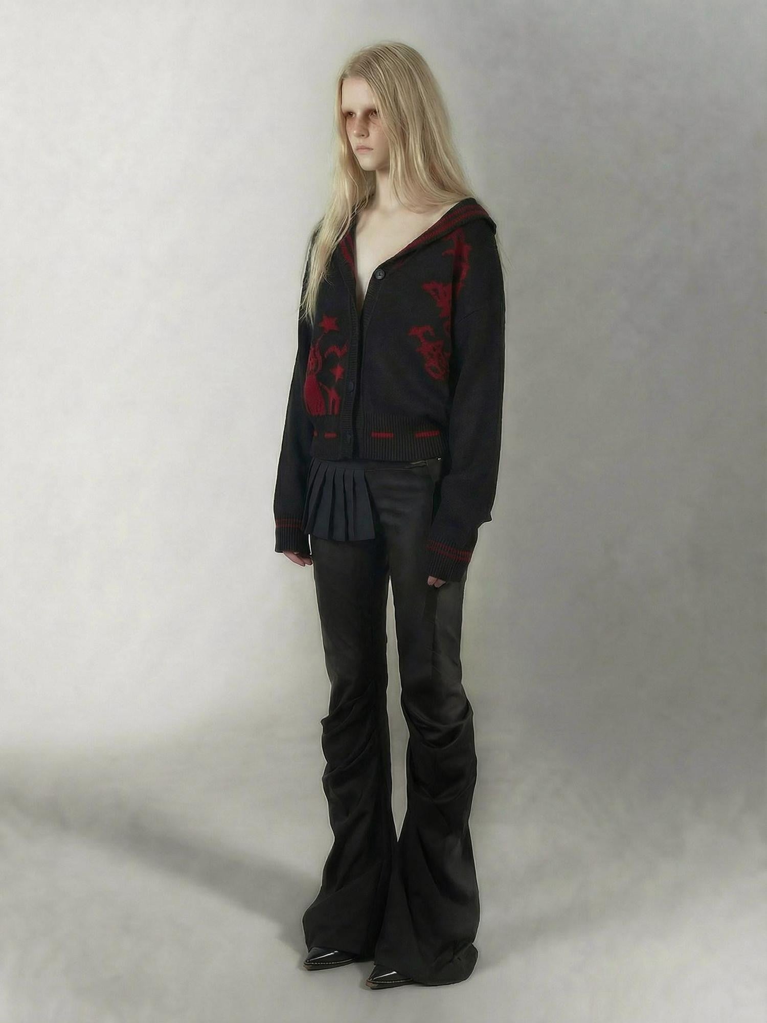 Emoha Red Black Punk Sailor Animal Character Knit Women&