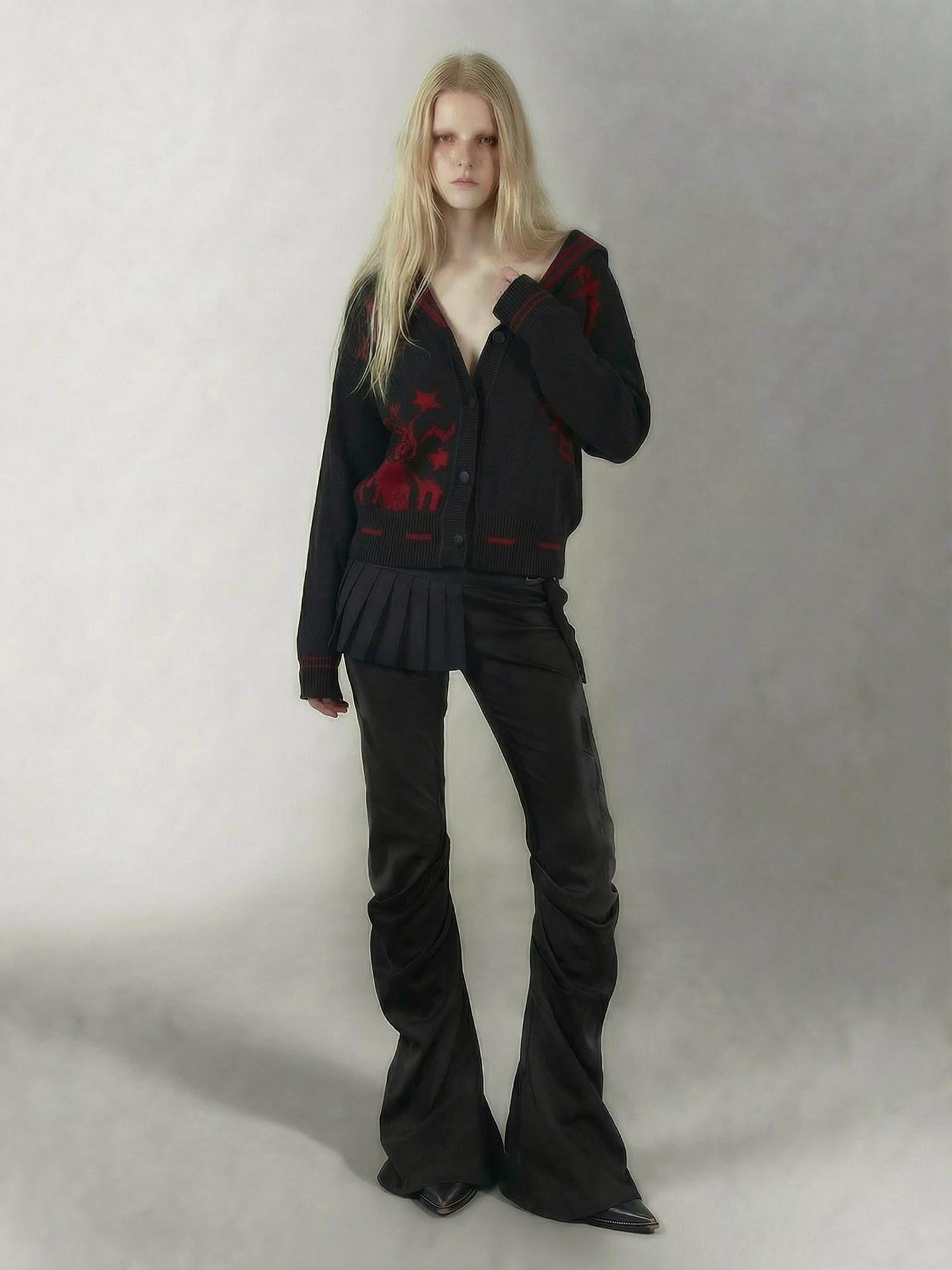 Emoha Red Black Punk Sailor Animal Character Knit Women&