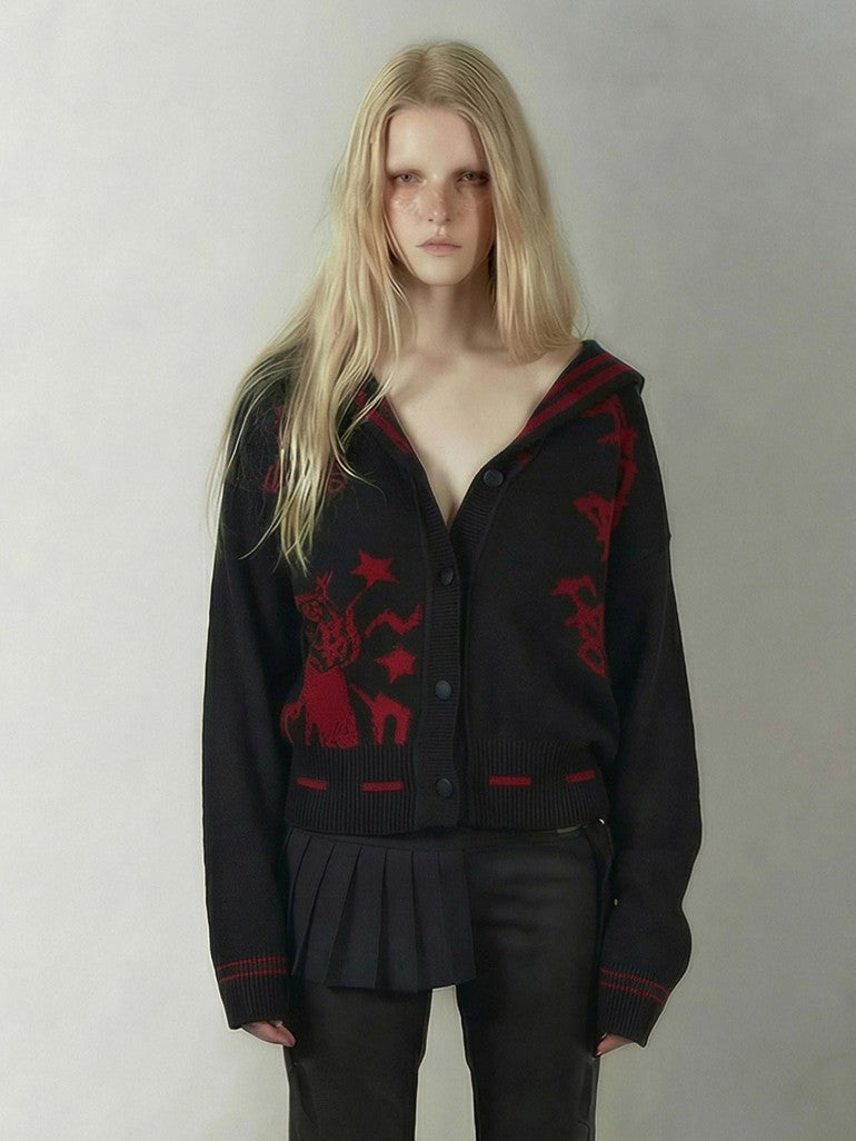 Emoha Red Black Punk Sailor Animal Character Knit Women&