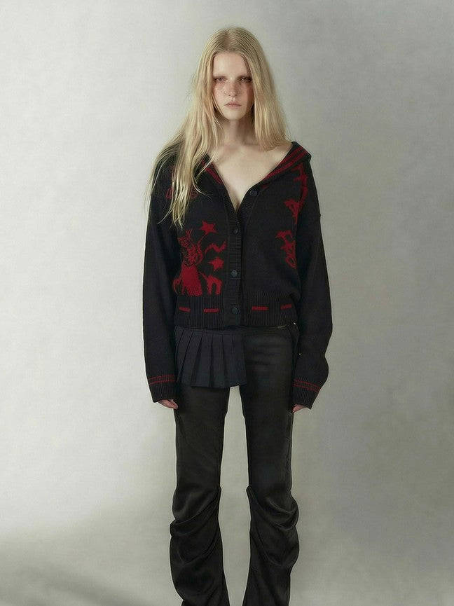 Emoha Red Black Punk Sailor Animal Character Knit Women&