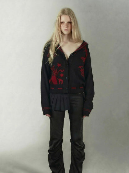 Emoha Red Black Punk Sailor Animal Character Knit Women&