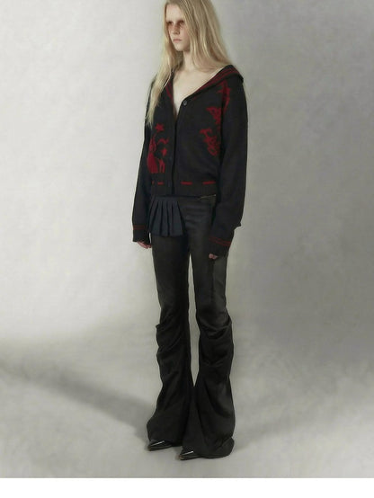 Emoha Red Black Punk Sailor Animal Character Knit Women&