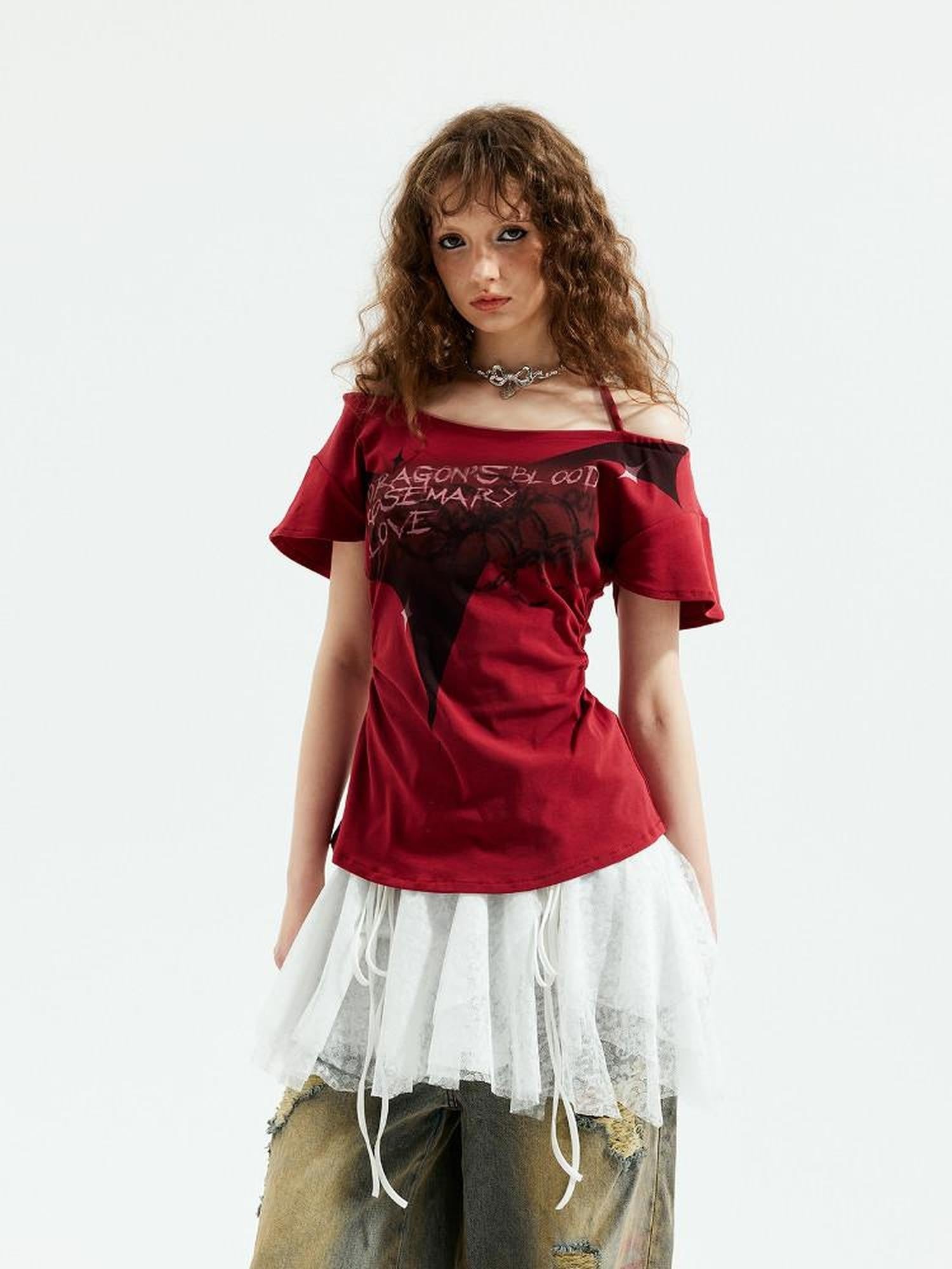 Emoha Red Punk Witch Letter Print Slim Fit Women&