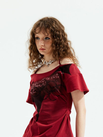 Emoha Red Punk Witch Letter Print Slim Fit Women&
