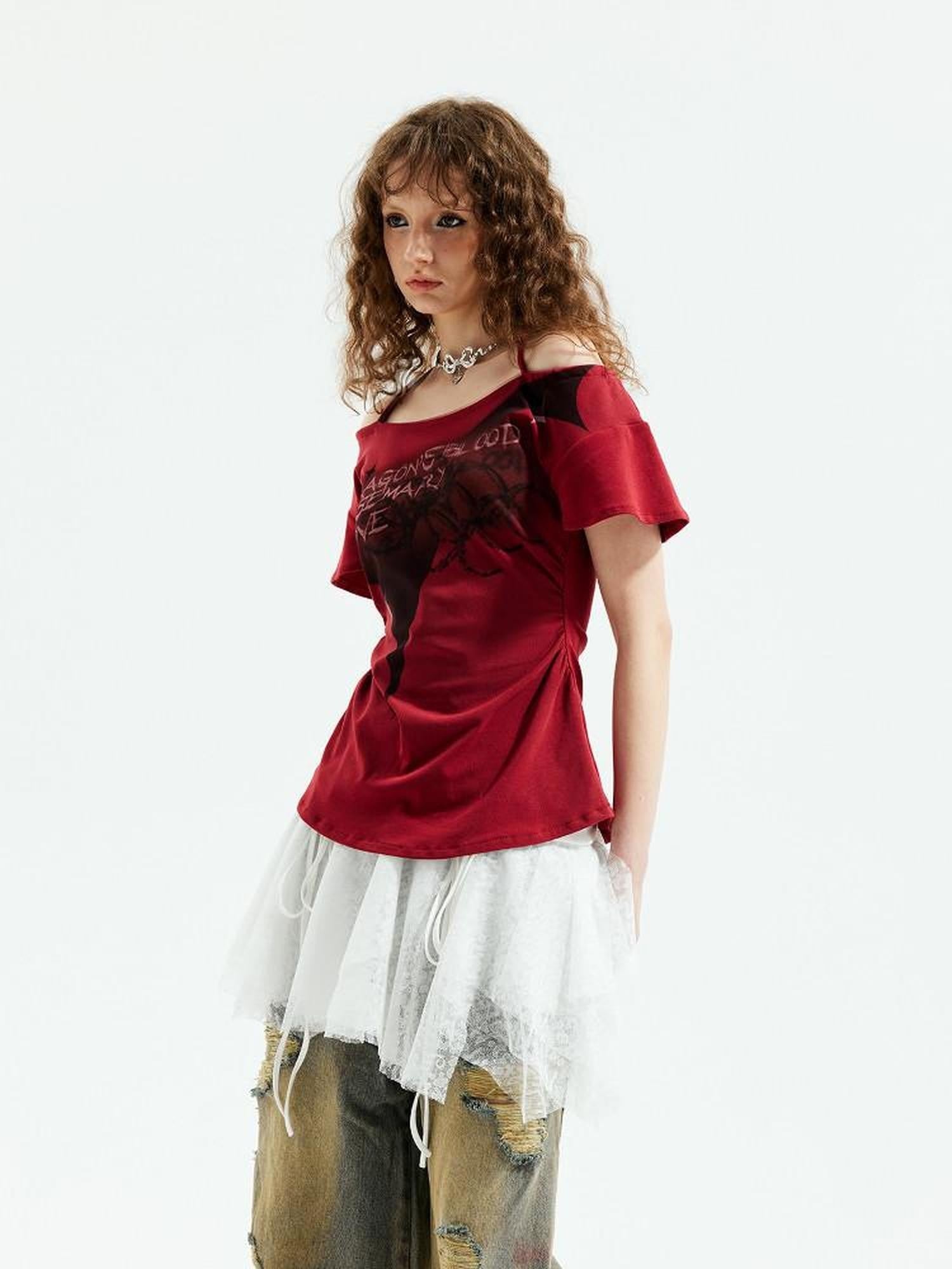 Emoha Red Punk Witch Letter Print Slim Fit Women&