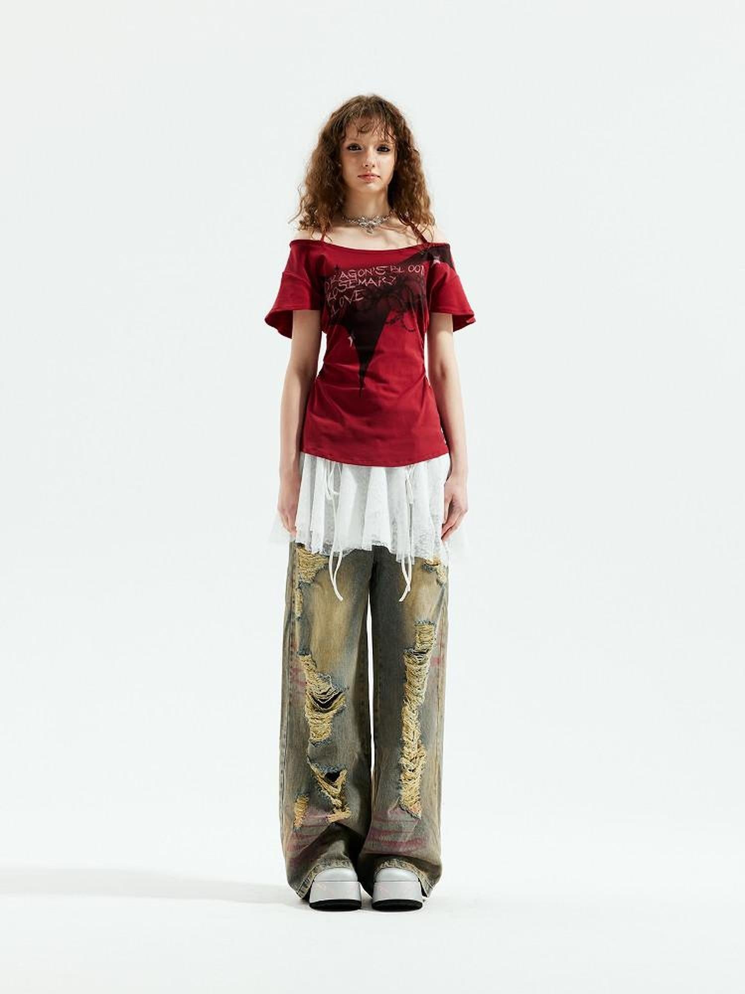 Emoha Red Punk Witch Letter Print Slim Fit Women&