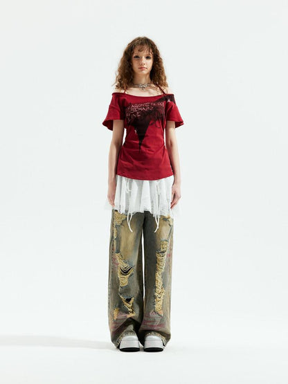 Emoha Red Punk Witch Letter Print Slim Fit Women&