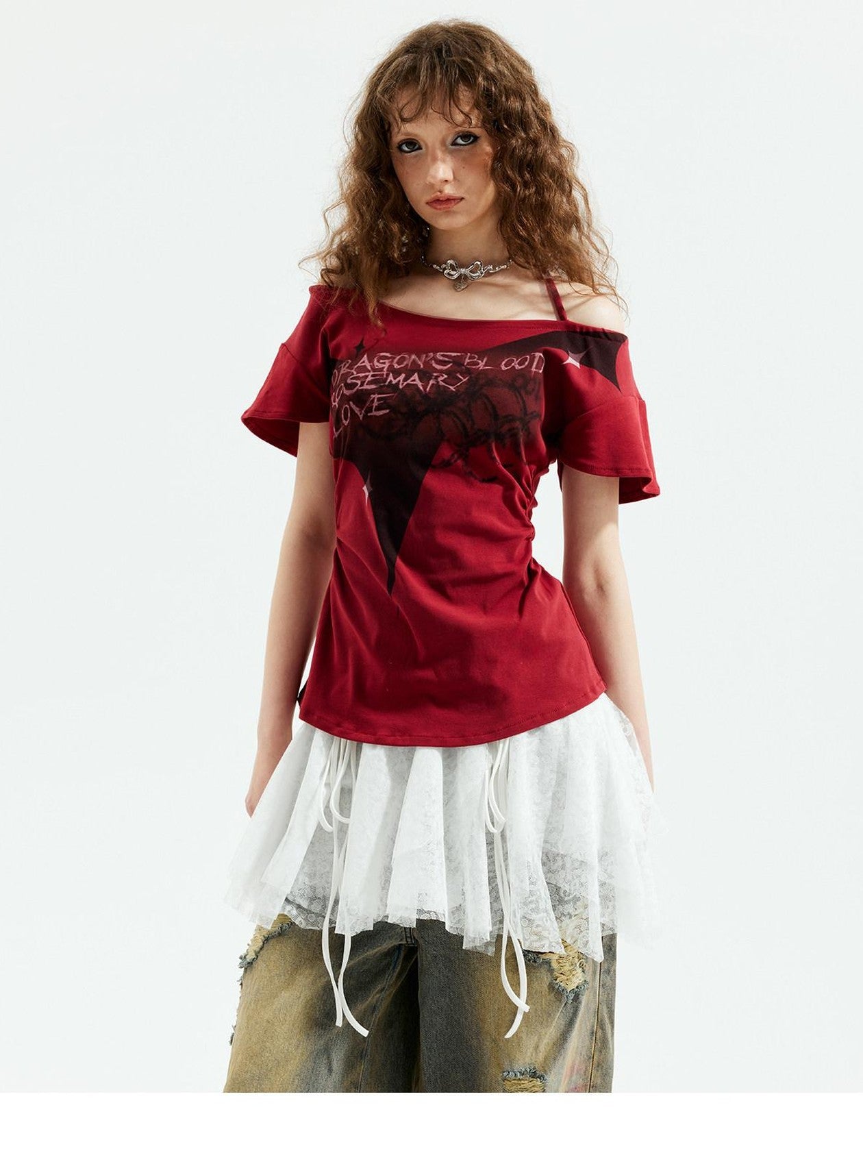 Emoha Red Punk Witch Letter Print Slim Fit Women&