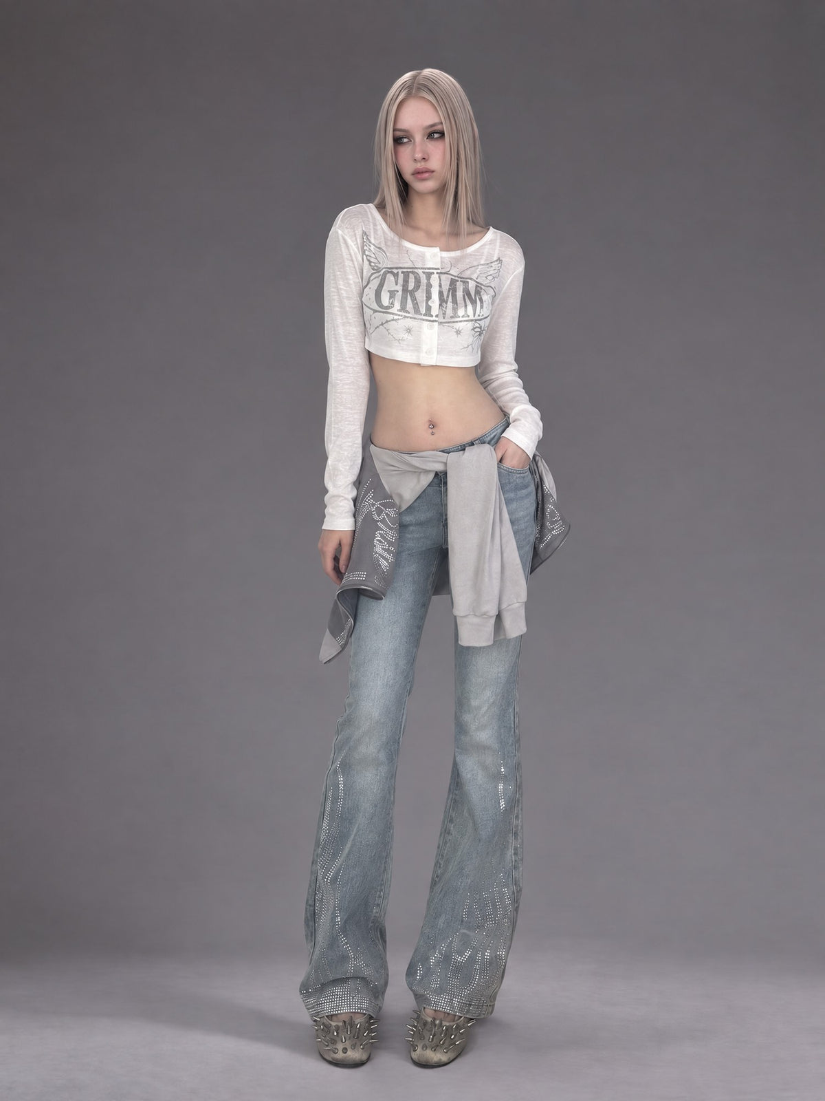 Emoha Rhinestone Studded Vintage Wash Low Rise Slim Fit Women&