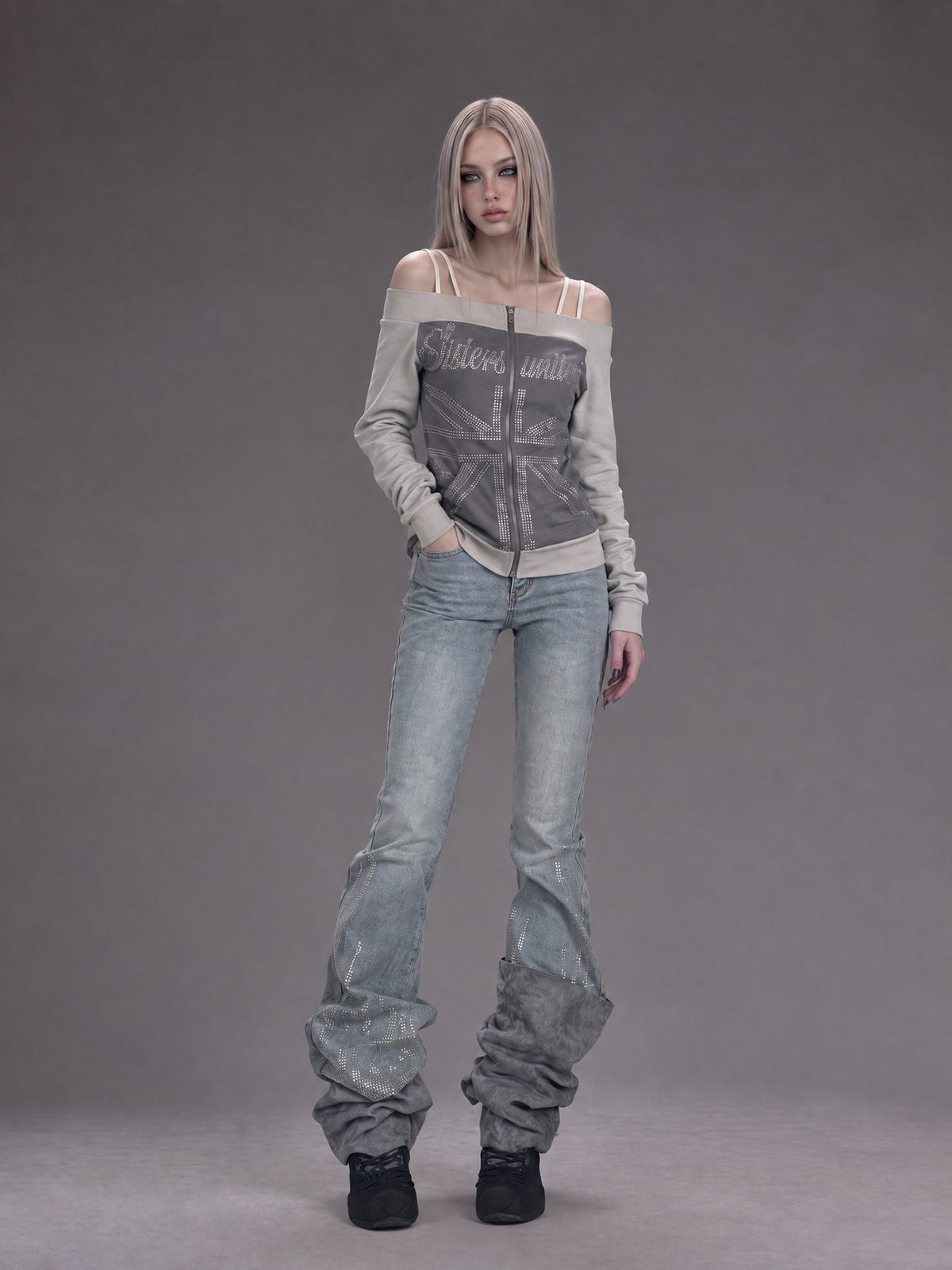 Emoha Rhinestone Studded Vintage Wash Low Rise Slim Fit Women&