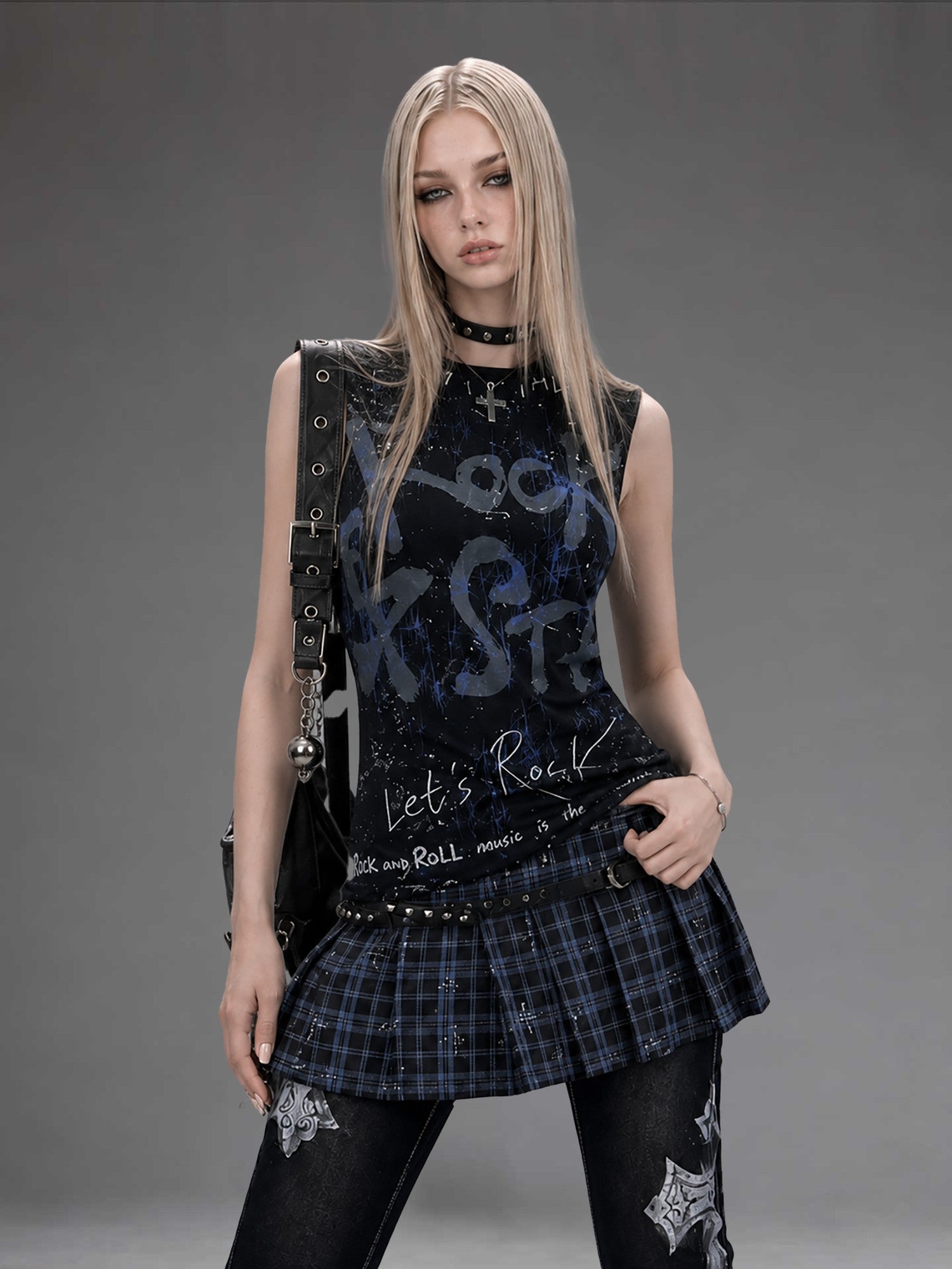 Emoha Rock Letter Print Plaid Patch Pleated Women&