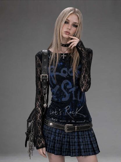Emoha Rock Letter Print Plaid Patch Pleated Women&