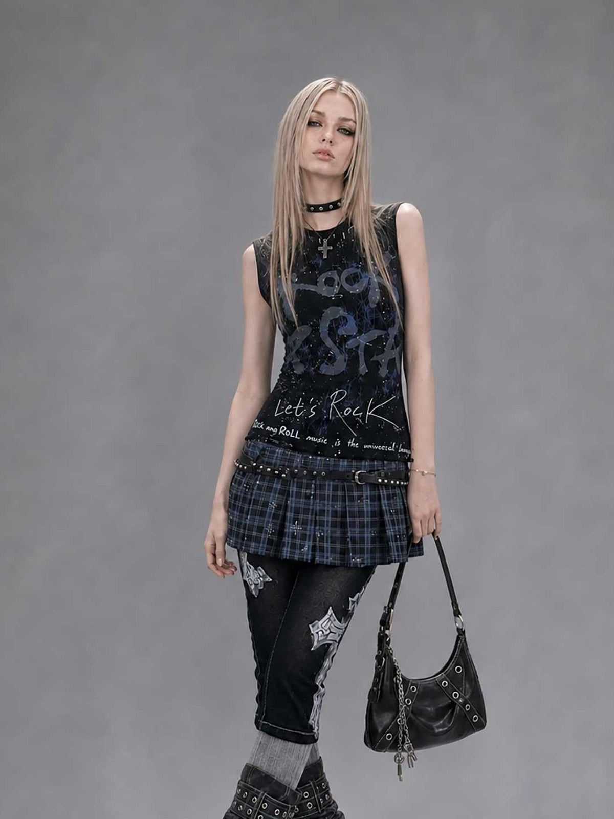 Emoha Rock Letter Print Plaid Patch Pleated Women&