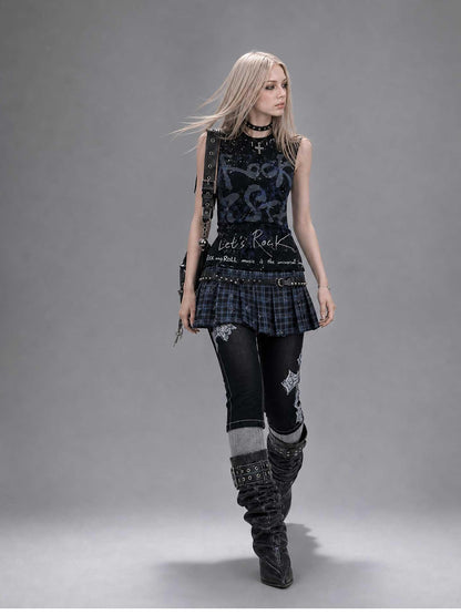 Emoha Rock Letter Print Plaid Patch Pleated Women&