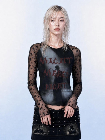 Emoha Sheer Mesh Letter Print Cropped Slim Women&