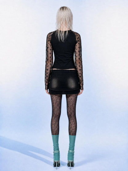 Emoha Sheer Mesh Letter Print Cropped Slim Women&