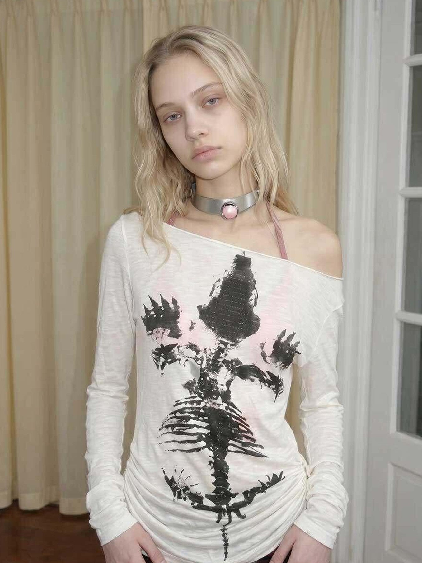 Emoha Sheer Punk Skull Print Asymmetrical Drawcord Women&