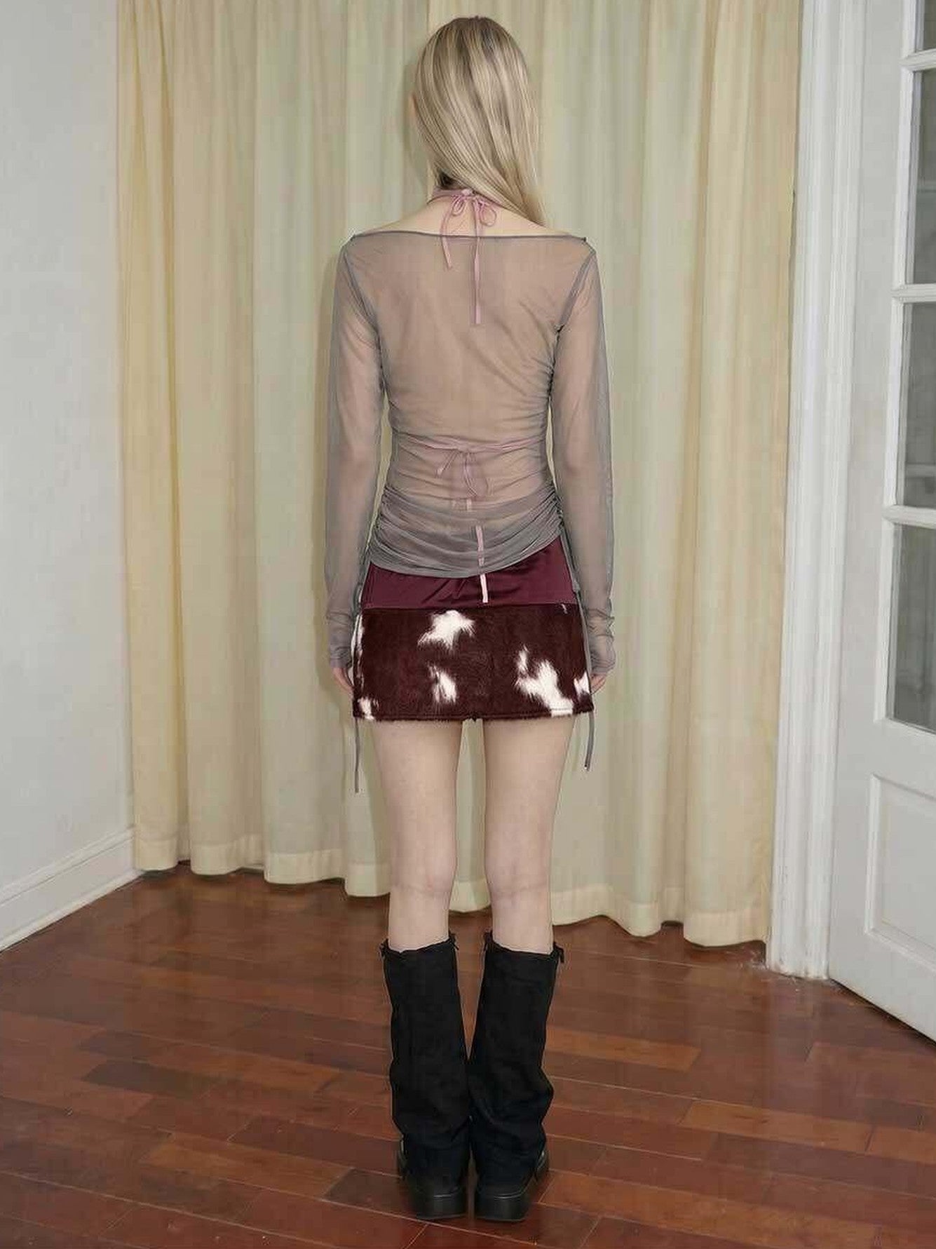 Emoha Sheer Punk Skull Print Asymmetrical Drawcord Women&