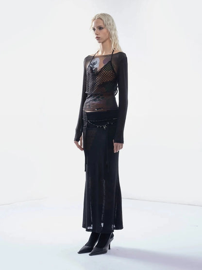 Emoha Sheer Y2K Mesh Spliced T-shirt With Tie Detail
