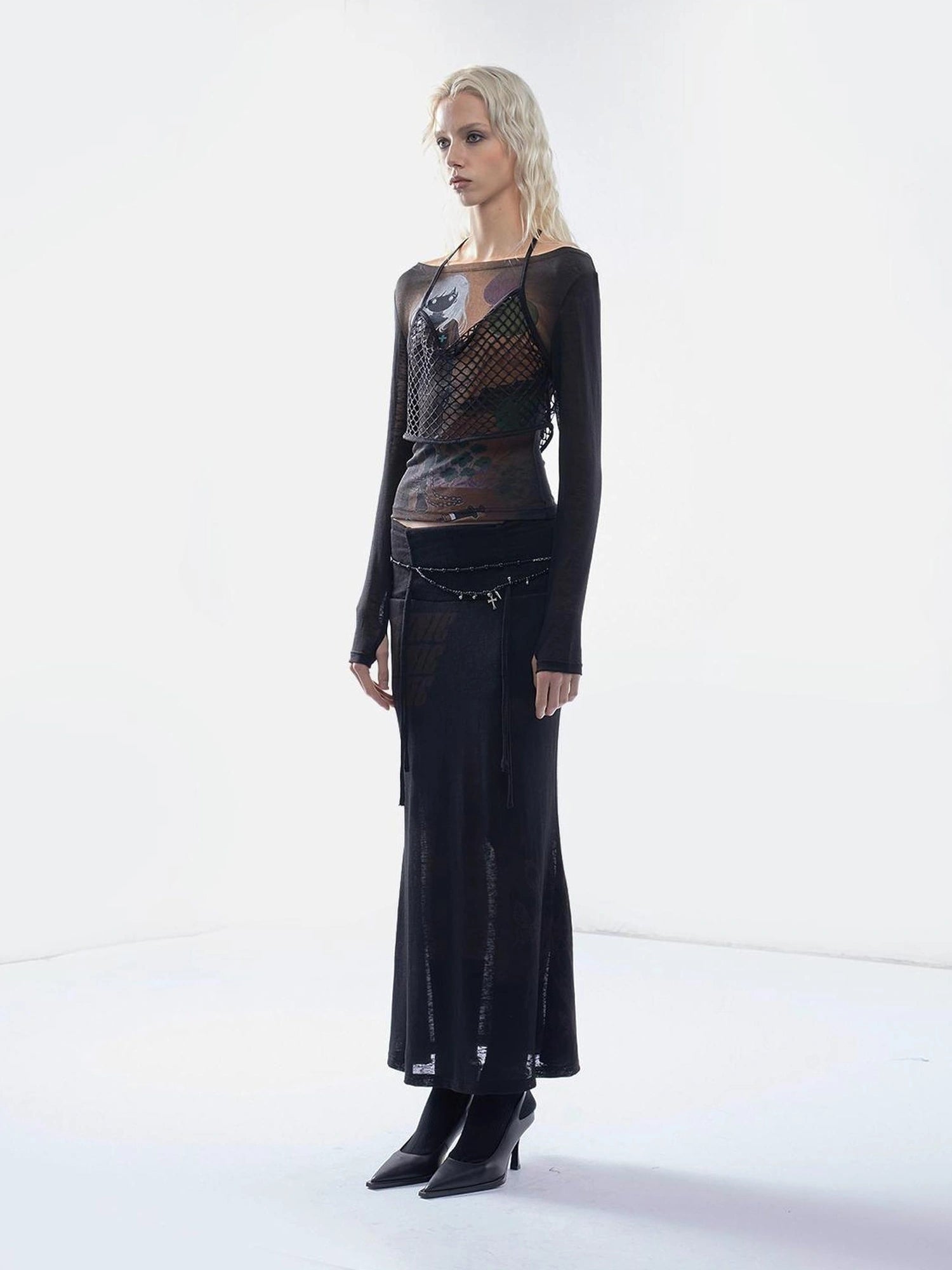 Emoha Sheer Y2K Mesh Spliced T-shirt With Tie Detail