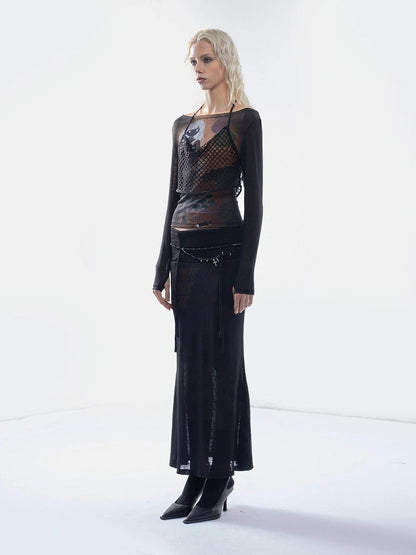Emoha Sheer Y2K Mesh Spliced T-shirt With Tie Detail