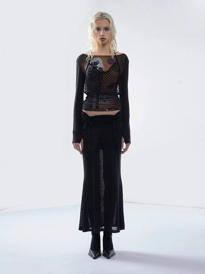 Emoha Sheer Y2K Mesh Spliced T-shirt With Tie Detail