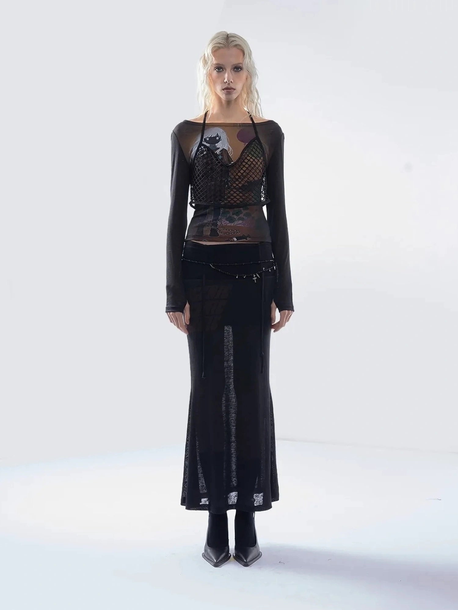 Emoha Sheer Y2K Mesh Spliced T-shirt With Tie Detail