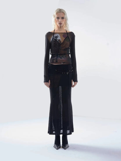 Emoha Sheer Y2K Mesh Spliced T-shirt With Tie Detail