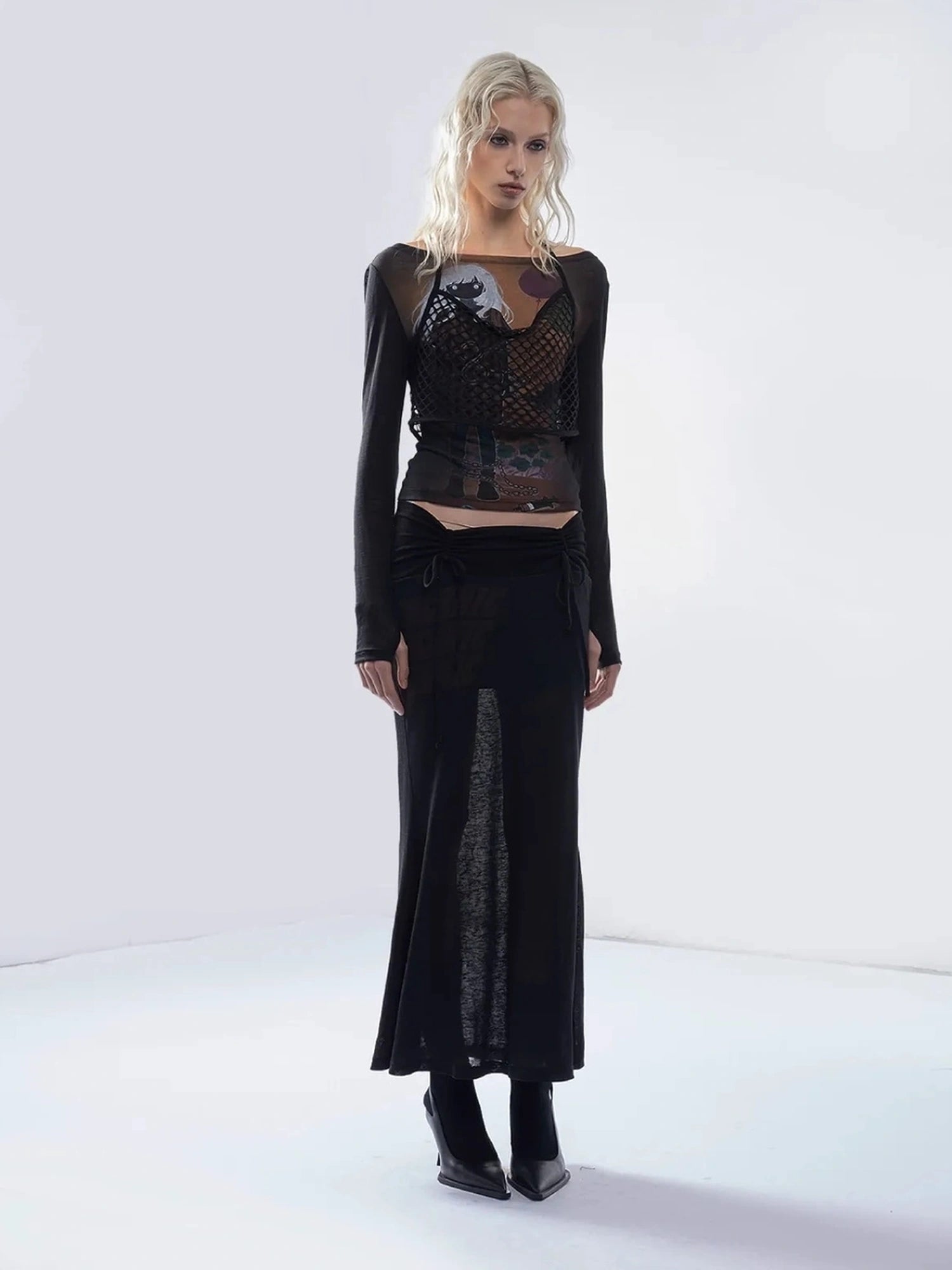 Emoha Sheer Y2K Mesh Spliced T-shirt With Tie Detail