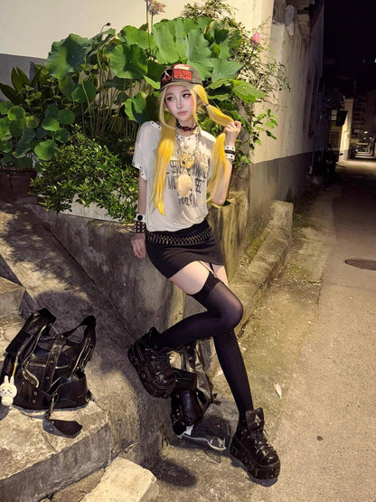 Emoha Studded Print Patchwork Punk Graphic Women&