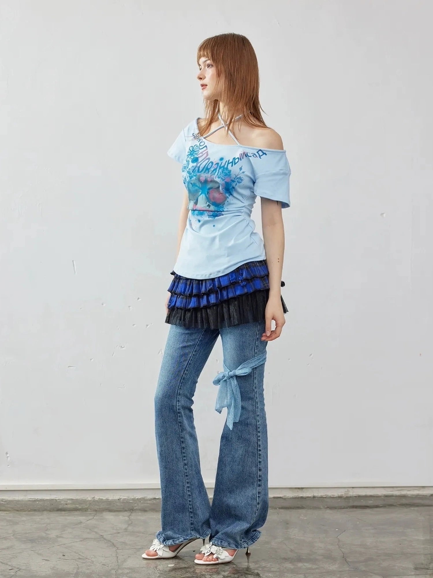 Emoha Summer Blue Miu Off Shoulder Crop Top