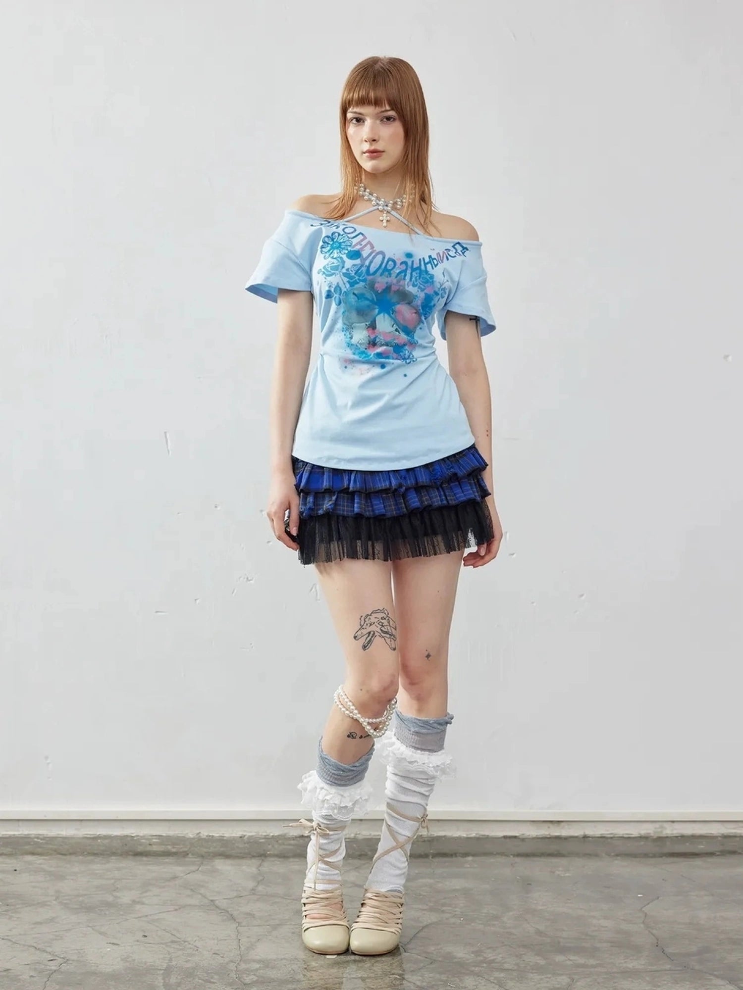 Emoha Summer Blue Miu Off Shoulder Crop Top